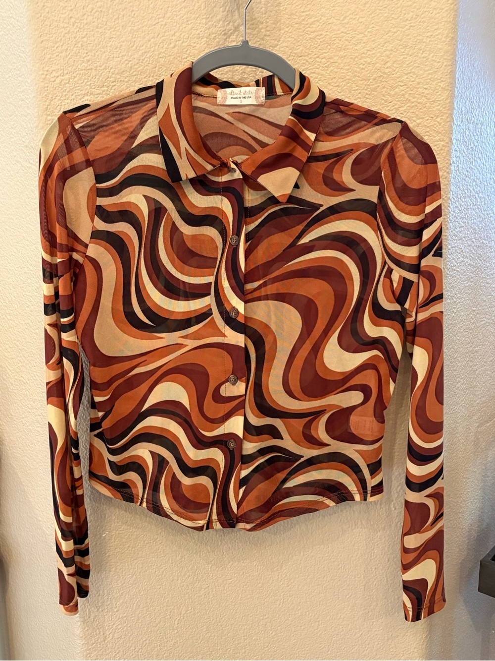 ALTAR’D STATE Brown Earthy Color Retro Swirl Sheer Long Sleeve Shirt Size Small